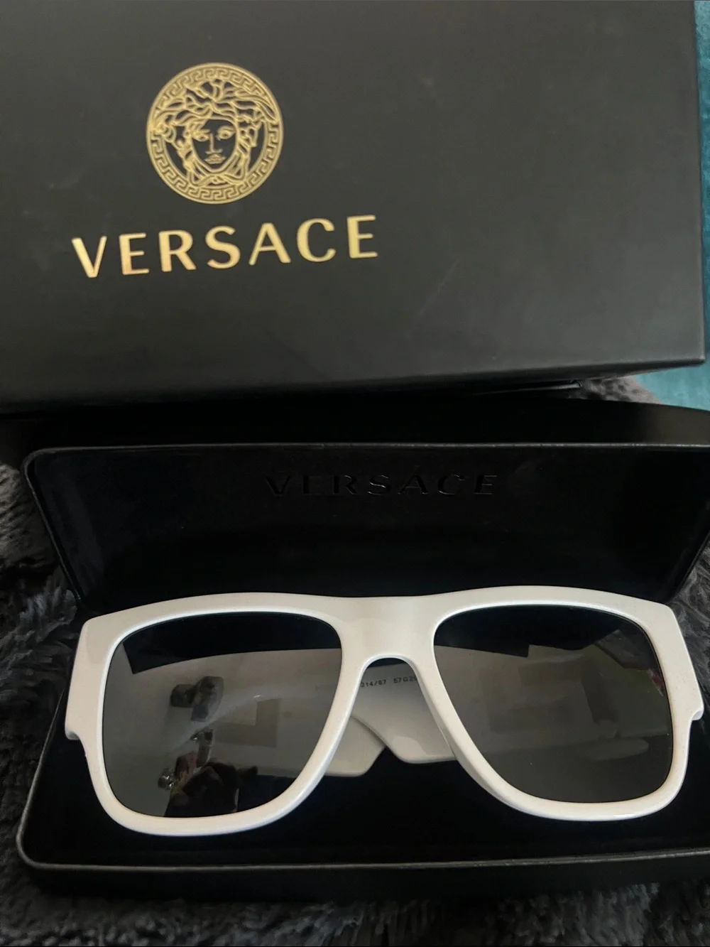 Versace White Frame oversized full inclusion Sunglasses with Dark Lenses
